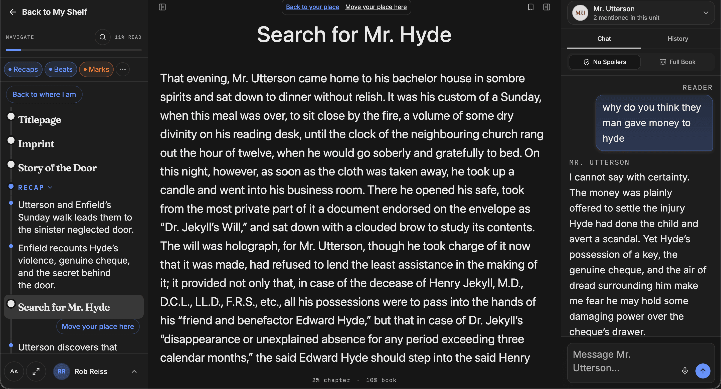 Manynote Reader showing a chapter of Dr. Jekyll and Mr. Hyde, with the story timeline on the left and a no-spoilers chat with Mr. Utterson on the right
